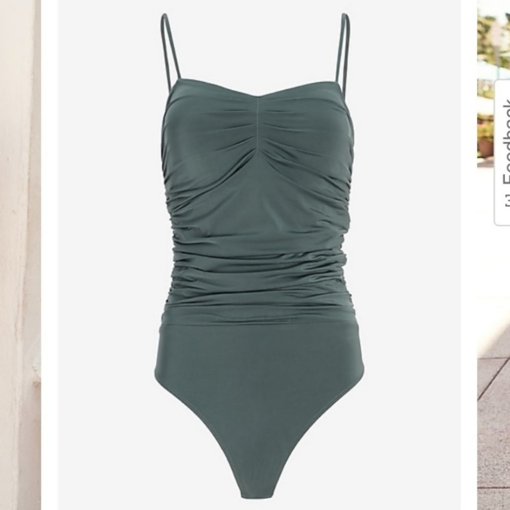 NWT EXPRESS GREEN BODY CONTOUR SILKY RUCHED THONG BODYSUIT